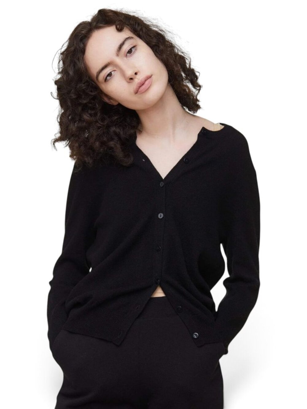 State Cashmere Black Button Down Front Crewneck Cardigan Sweater L